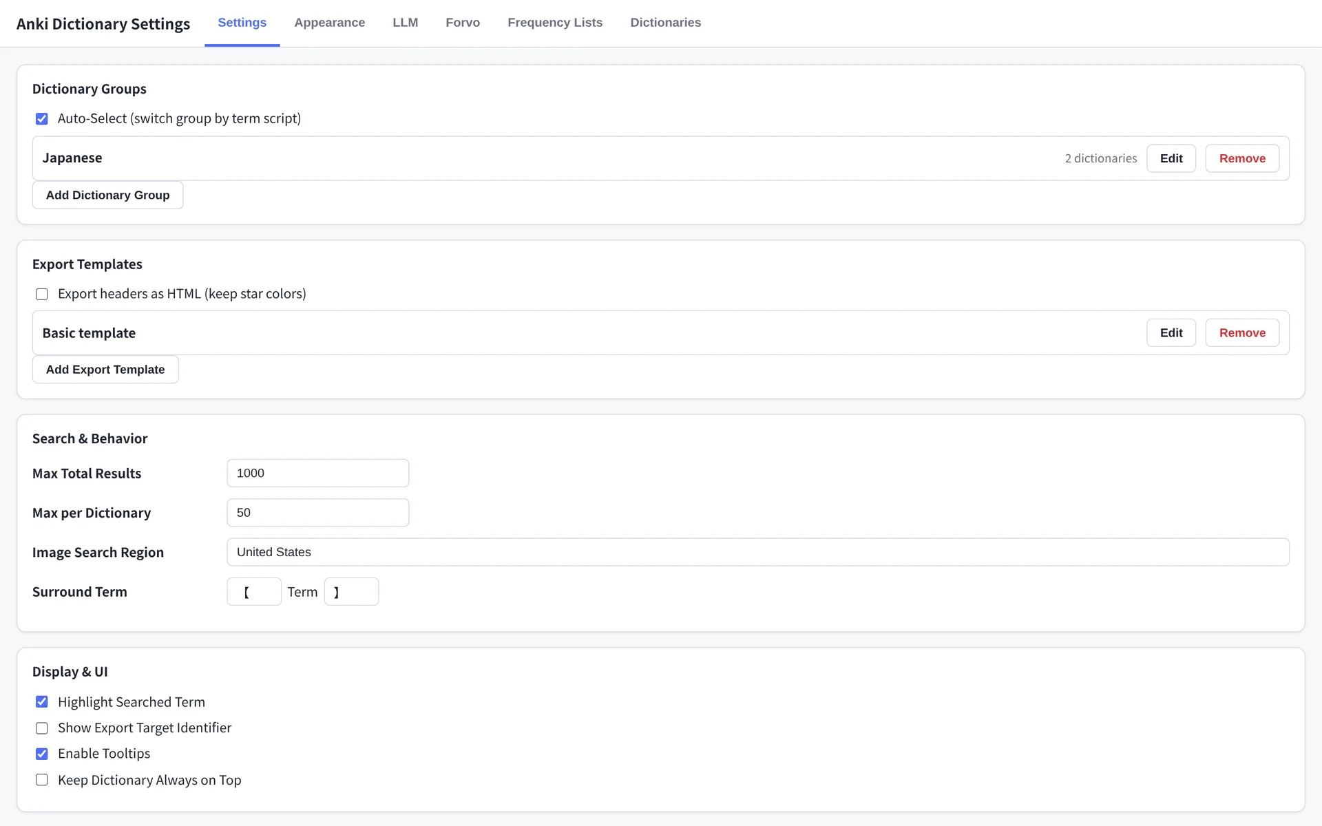 Settings window with options